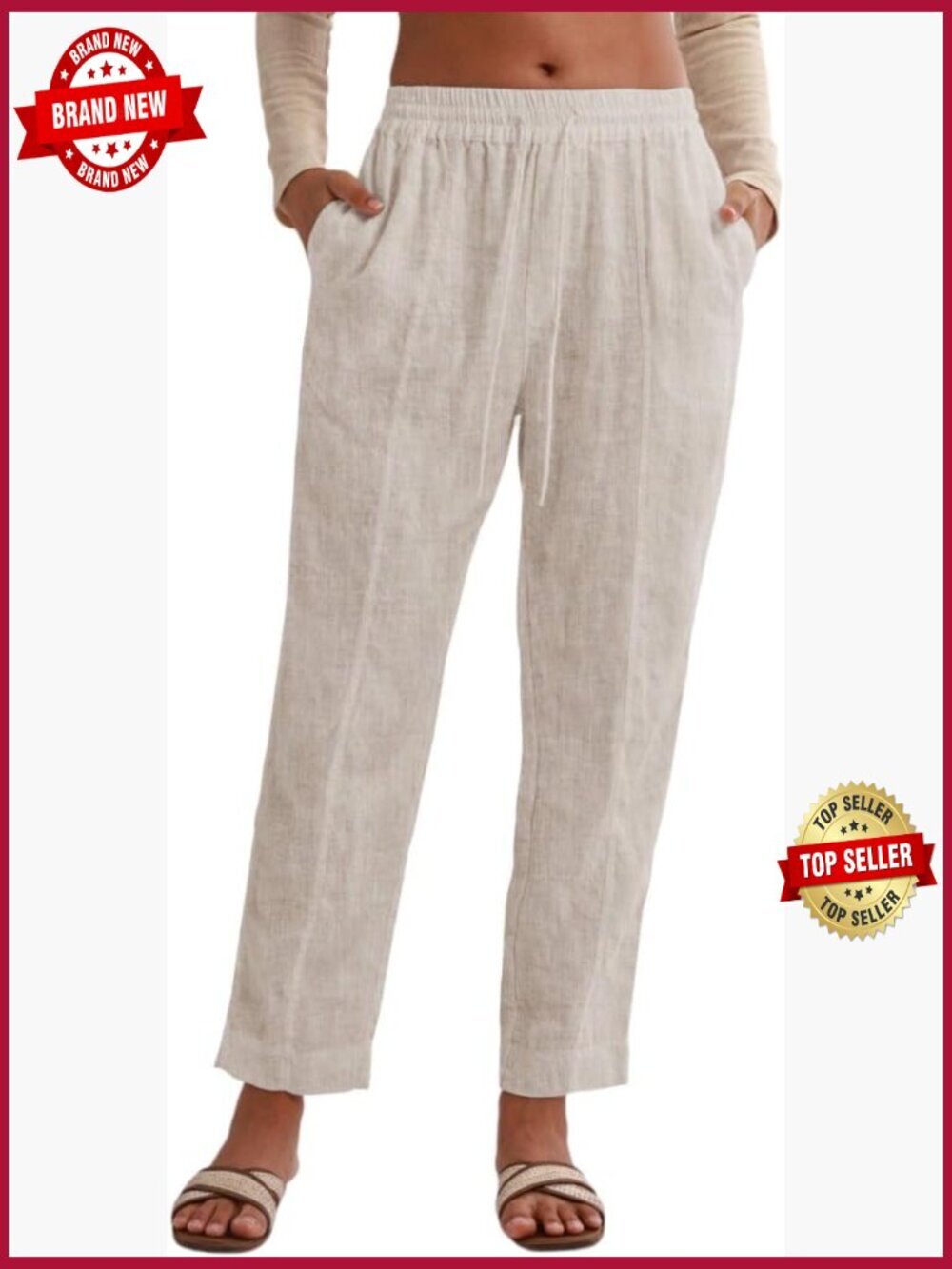 100% Linen Elastic Waist Drawstring Tapered Pants Summer